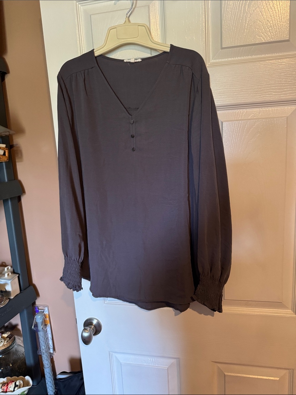 Womens Long Sleeve V-Neck Peasant Blouse - Charcoal